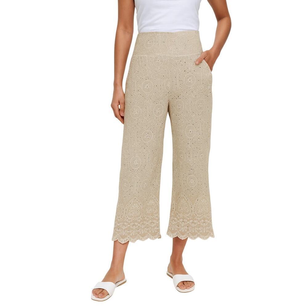 Sundance Beige Embroidered Scalloped Hem Culotte Pants Linen/Cotton size PXS